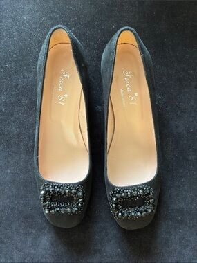 Black Embellished Suede Block Kitten Heels Square Toe
